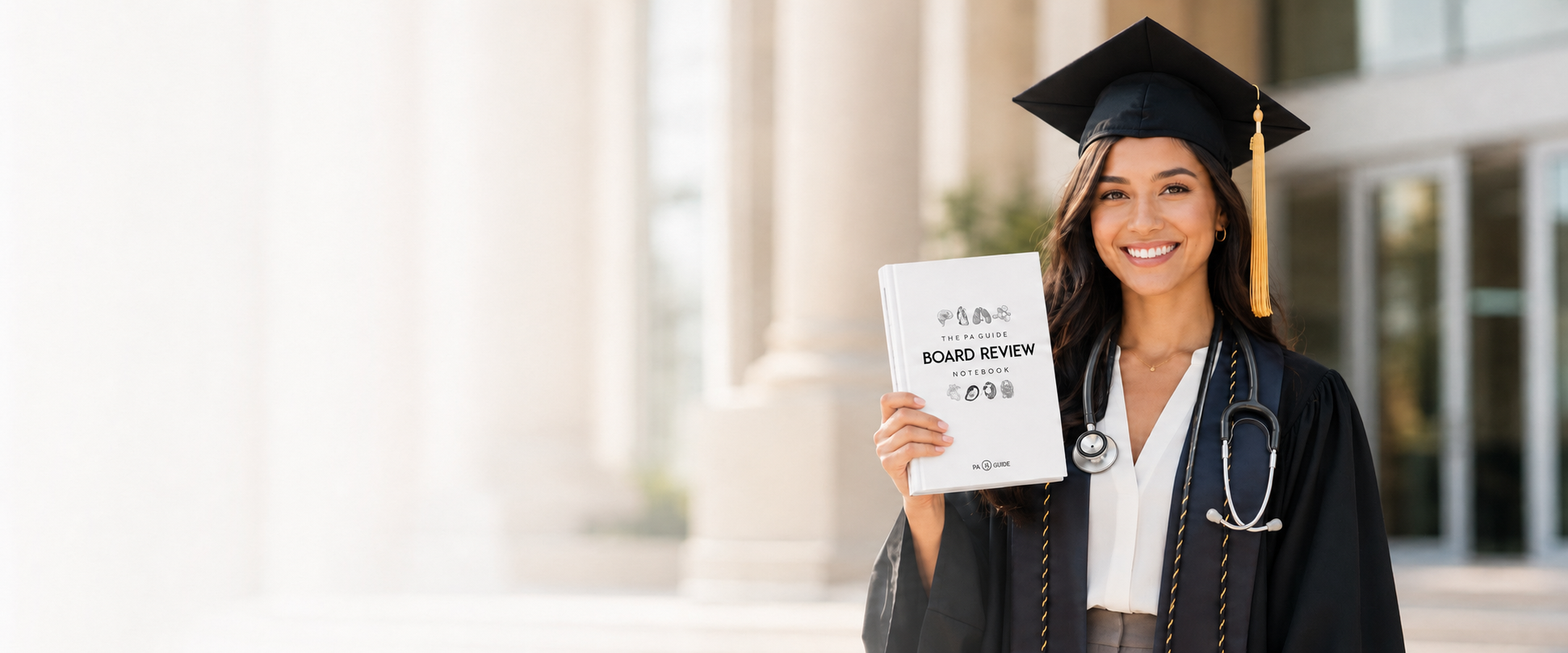 PA graduate in cap and gown holding the PA Guide Board Review Notebook