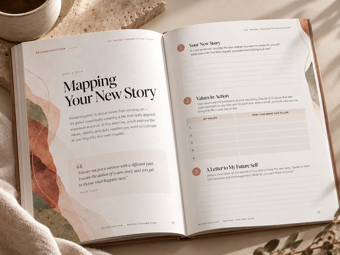 Open Anam Cara journal showing the Mapping Your New Story spread
