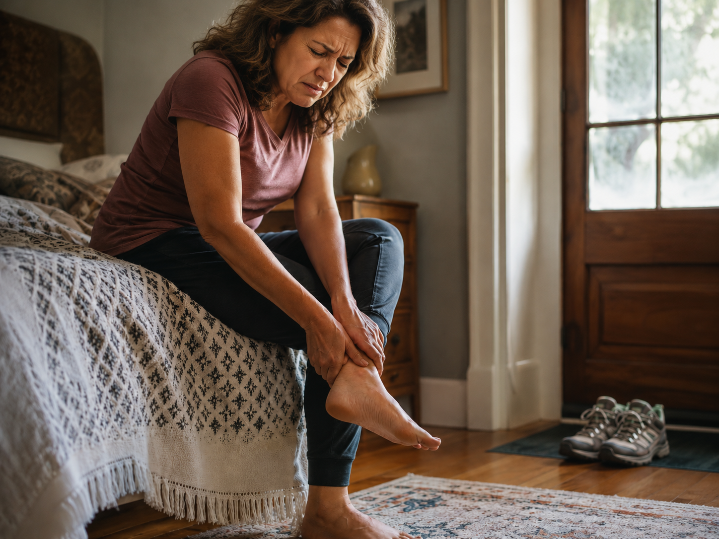 Woman sitting on the edge of a bed holding her painful ankle