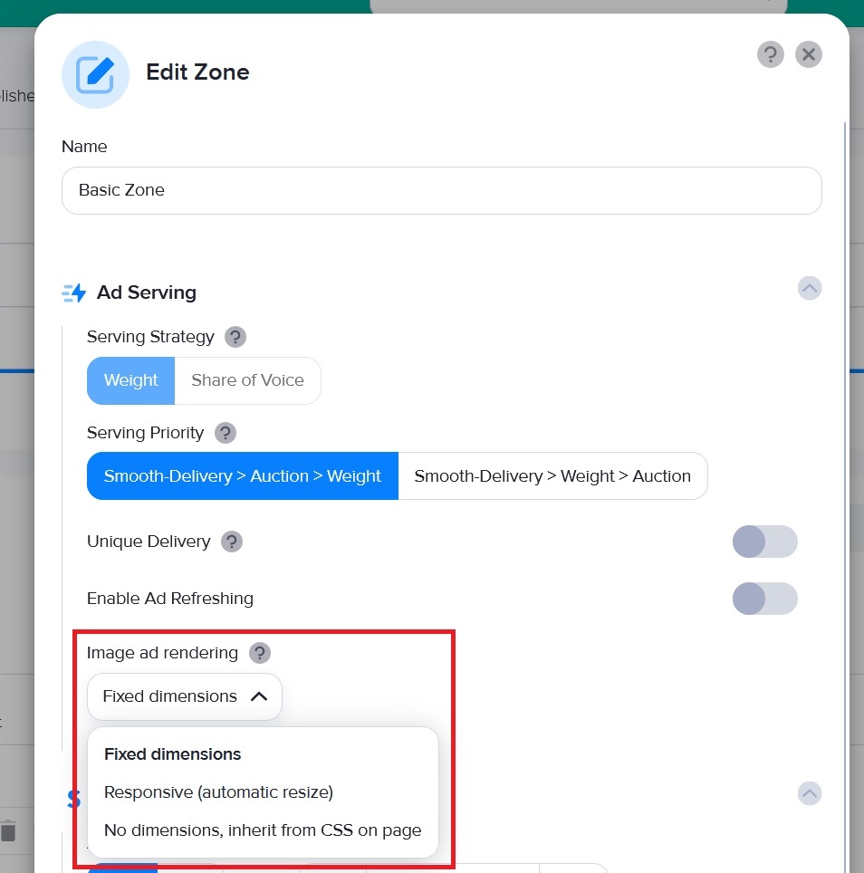 The Responsive zone options in the Edit Zone window