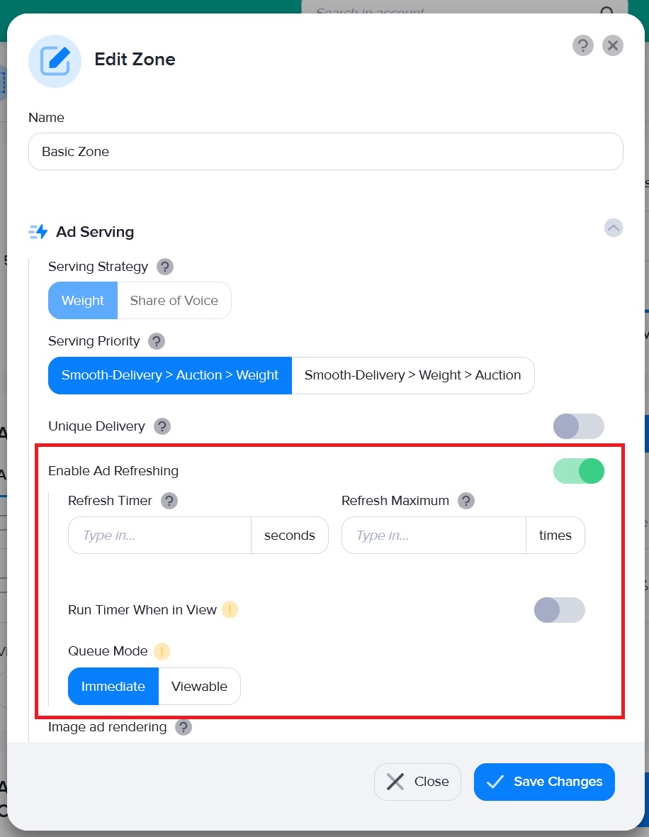 The Ad Refreshing settings in AdButler
