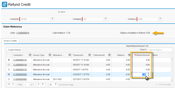Change values in the Refund Amount column to match the Balance Available to Refund amount from the Claim.