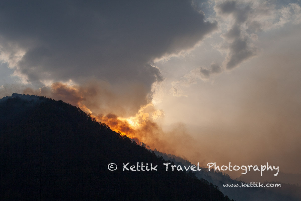 Forest fires raging over the slopes of the Rupin valley. The photo was taken from my guesthouse at the Naitwar village in Uttarakhand.