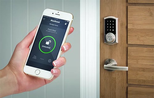 We can install wifi smart locks like this Kwikset model on any residential door.