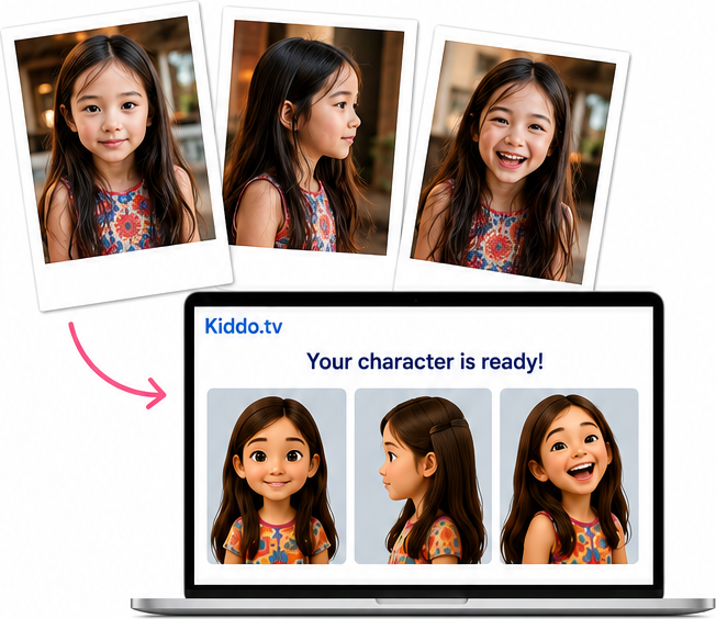 Photos of a child and their friends with a cartoon arrow pointing to matching cartoon characters