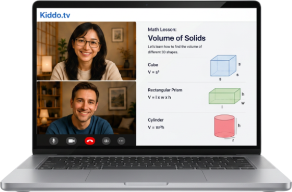 Three colleagues seen from behind at a conference table looking at a monitor showing the parents on a video call and a math exercise on the volume of geometric bodies