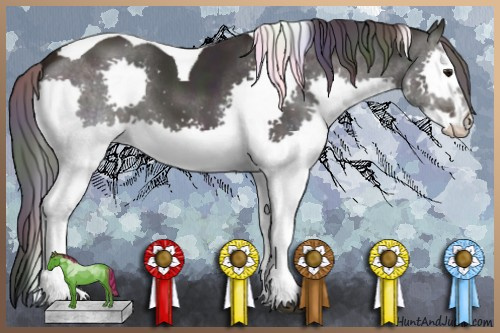 Horse Color:Nacre White Spotted Midnight Bay Dun Splash Tobiano 