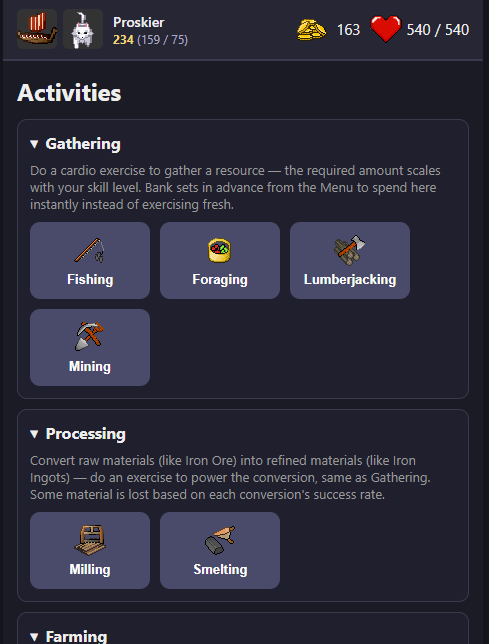 activities, tradeskills, lumberjacking, mining, foraging, cardio