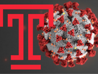 The coronavirus particle next to a temple university logo