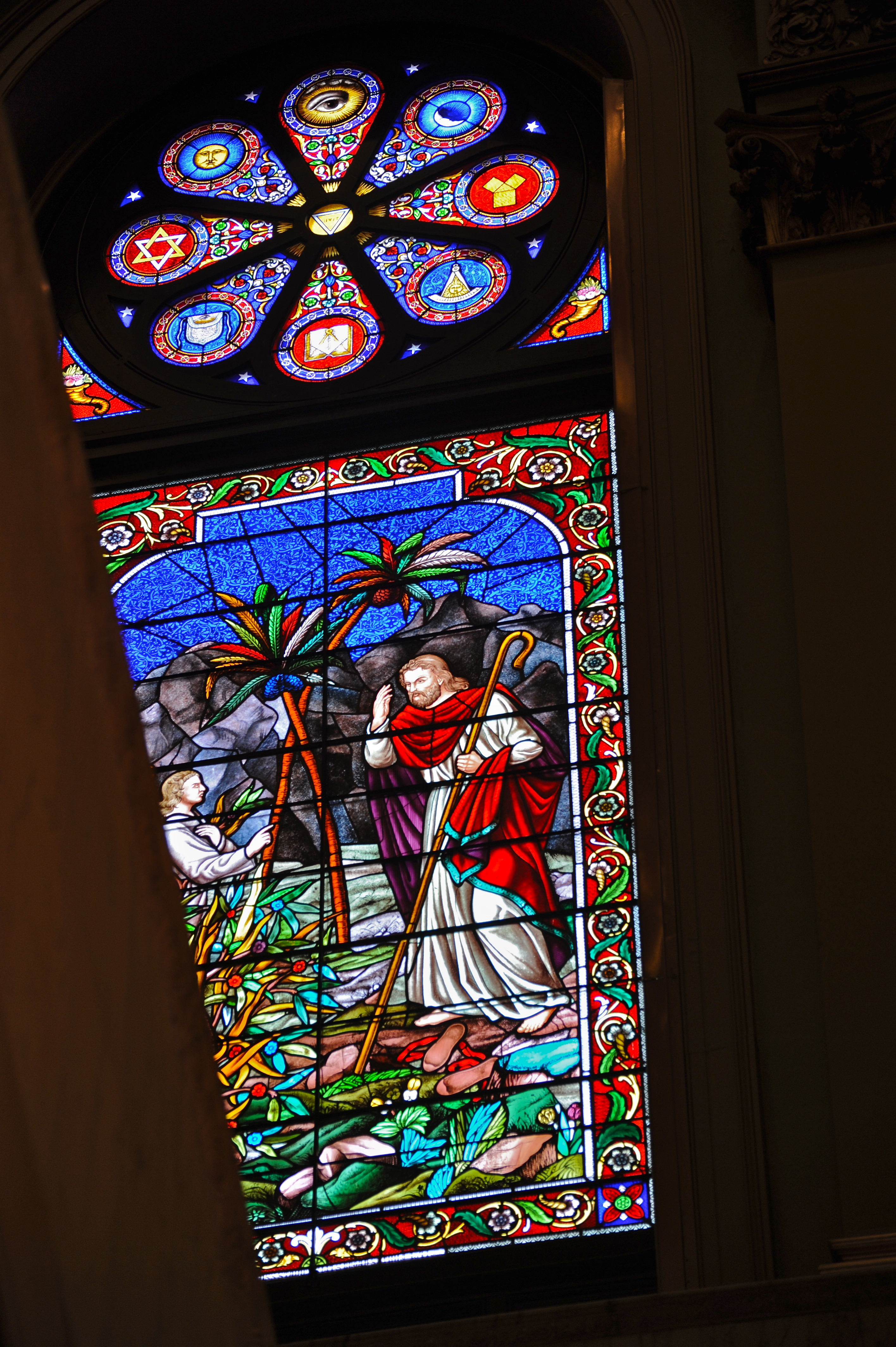 DSC_8655 Low angle, framed; stained glass window; Masonic Temple, Grand