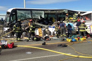© Seattle Fire Department The scene of a collision between a charter bus and a Ride The Duck tour vehicle on the Aurora Avenue Bridge in Seattle.