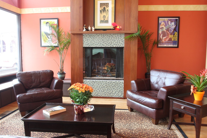 Our comfortable Fireplace Lounge is perfect for parties or a quiet spot for dinner and drinks.