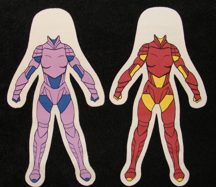 Body styles for 12 inch Female Dolls. Pink/Blue Armor Female, Red/Yellow Armor Female.