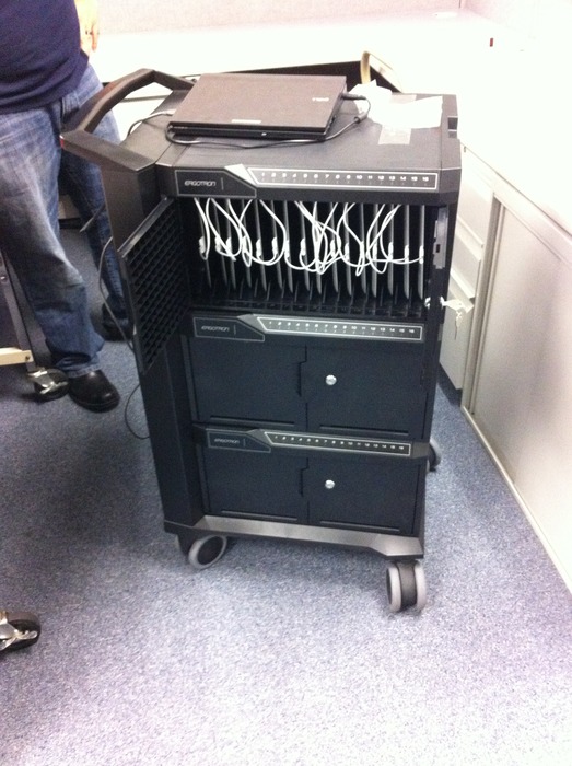Sample Portable and Secure Tablet Cart, which allows Tablets to be connected to the School'sand/or District's  Local Area Network enabling the System Administrator to Update them easily by connecting to a PC.