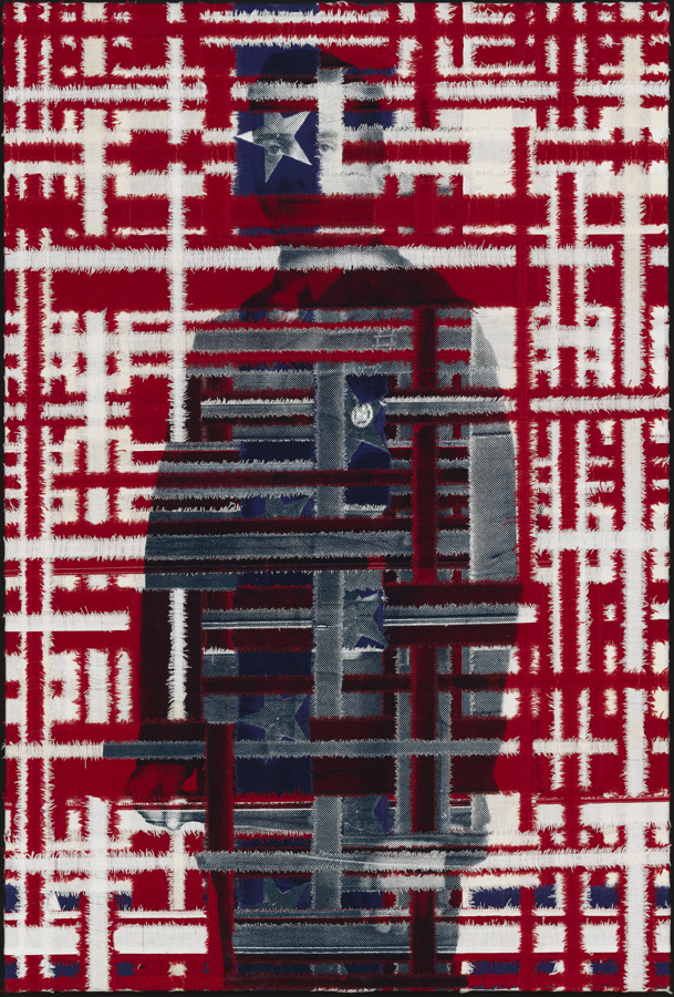 "Grandpa" (2012), 25.5 x 38 inches, screenprint on cotton American flag strips on canvas