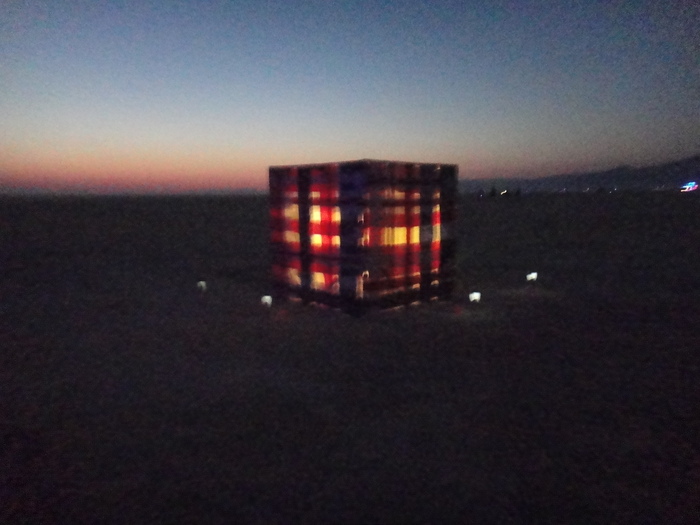 "American Cube" at dusk.