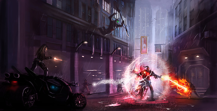 From Dusty Crosley...our iconic heroes doing battle with a possessed Infernalist in downtown Haven.  It is the first in what will be a series of action scenes illustrating the adventures one can experience in Emergence.