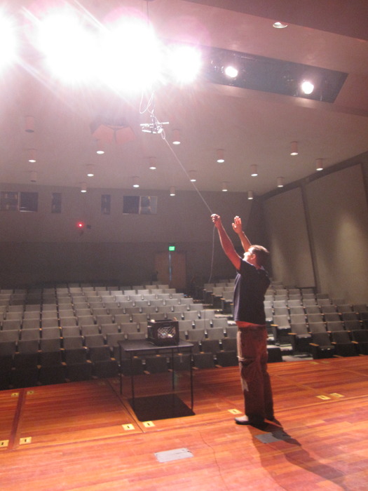 Sound Technician Josh Atkins designs a solution with string, microphones and elbow grease to capture the true sonic fidelity of PACO's performance at Cubberley Auditorium in Palo Alto.