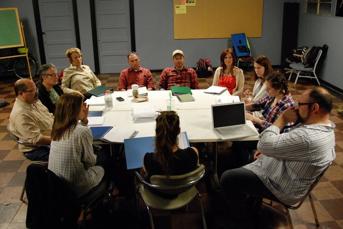 Cast, Director, Stage Manager and Playwright in an early reading of Beating Up Bachman