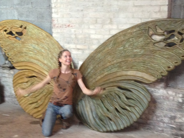 Kathleen Griffin, the artist, with the wax pattern for the mold