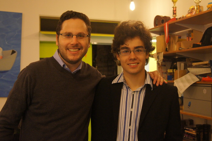 Curator Sam Lubell with Thomas Musca, who will be building the exhibition's 11-foot-tall Lego tower.