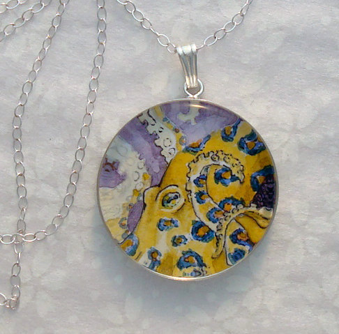Blue Ring Octopus original art pendant