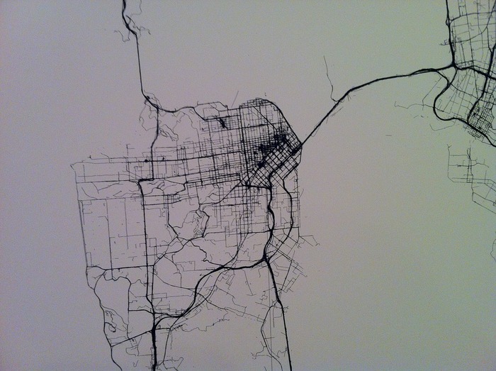 Close up of San Francisco poster. Notice the Bay Bridge and Golden Gate Bridge