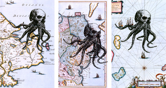 Octoskull prints by Chris O'Neal, on original maps! Being offered as part of our incentives!