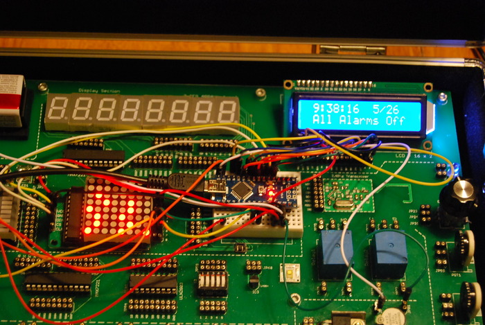 Quick hookup of the 8x8 LED array and Liquid Crystal display wired to the included mini-pro microprocessor.