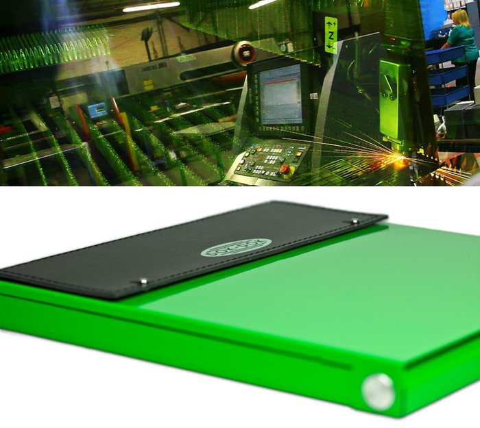 Laser cut aluminum case, powder coated with secure bonded leather closure.