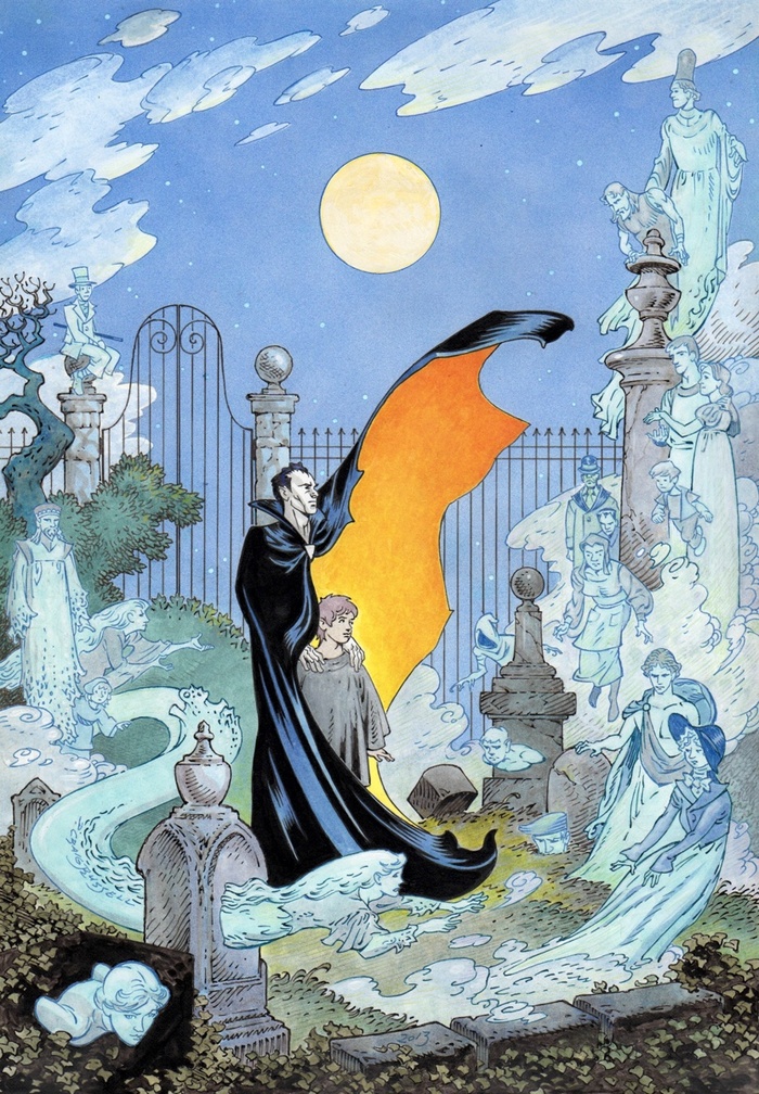 P. Craig Russell took his original art from the cover to The Graveyard Book, did some additional drawing on the piece, then lovingly hand-colored it so that we can offer it—sans logo and credits—as a beautiful fine art Giclée print.