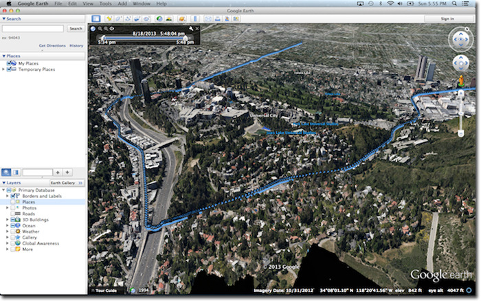 View your travel routes in Google Earth. Universal Studios, Disney and WB seen here!