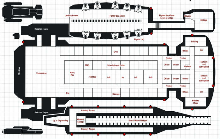 Large Spaceship Concept Art, the Interstellar Dreadnaught, that houses a full crew complement, includes a fighter deck, science labs, and a belly mounted BFG.
