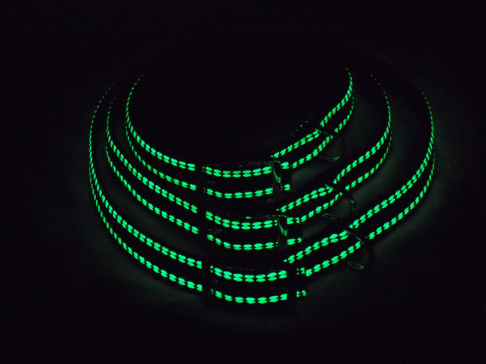 Glow in the dark nylon Pet Collars with nickel plated buckles are available in 3 sizes, small, medium and large.