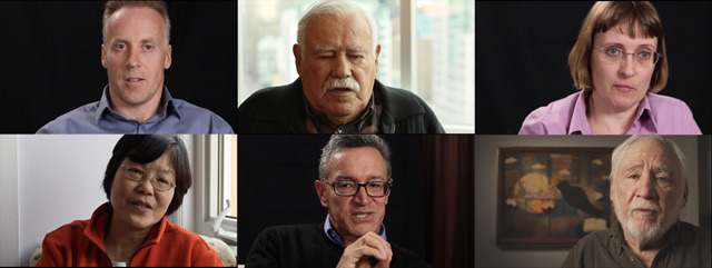 clockwise from top-left: Stephen Kurelek, Avrom Isaacs, Cathy Kurelek, Robert M. Young, Kenneth St. Onge, and Sylvia Chan
