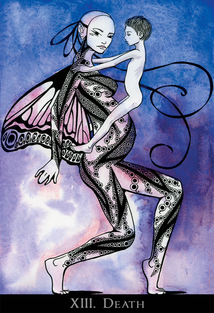 Death: masked, pregnant, with the wings of a moth and carrying the High Priest as a small child on her belly.
