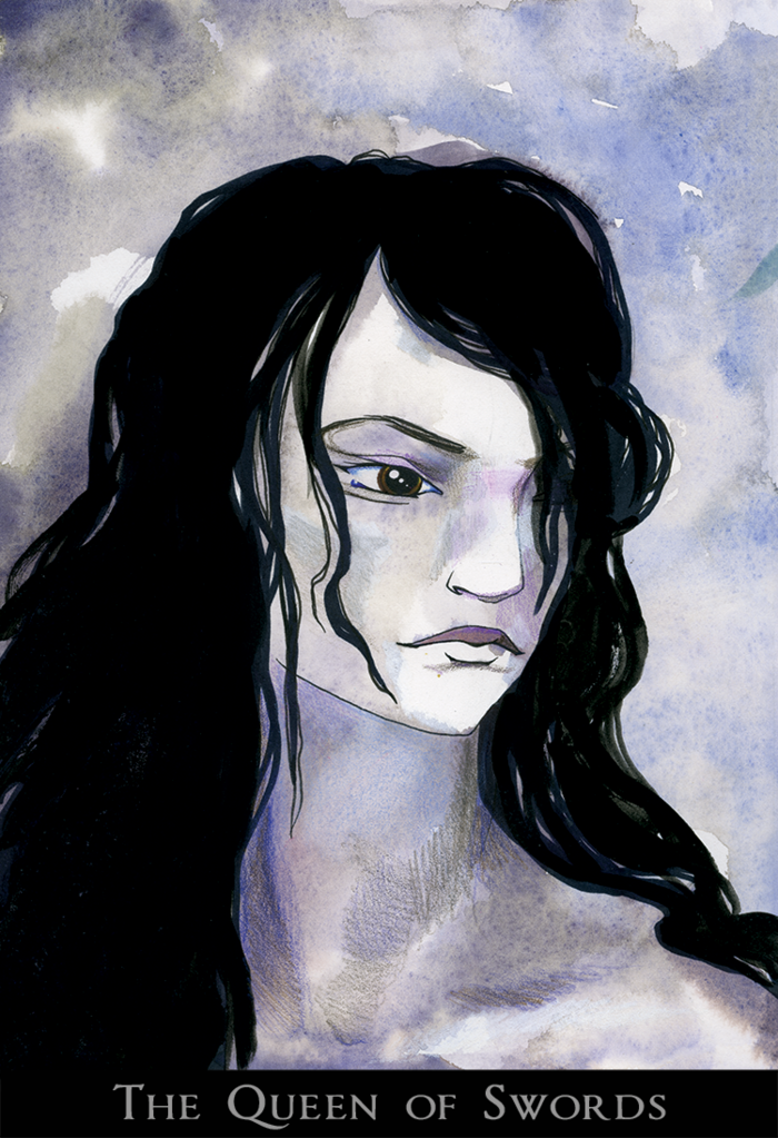 Every court card is a portrait, to portray each personality through the attitude and expression of the face: The Queen of Swords is tragic, strong, generous, lonely. Worshipped but still unseen.