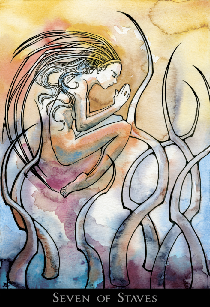 The integrity of the moral self supported by the creative imagination: the Queen in a holy revelation or trance, hovering invulnerably above the face of the water, from which staves reach out at her like talons