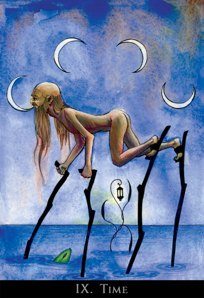 Otherwise known as the Hermit, and no longer an aged cripple in this deck, old Time is an acrobat, able to move delicately across the earth without disturbing a thing on it, inscribing the procession of the moon across the sky with each breath he takes.