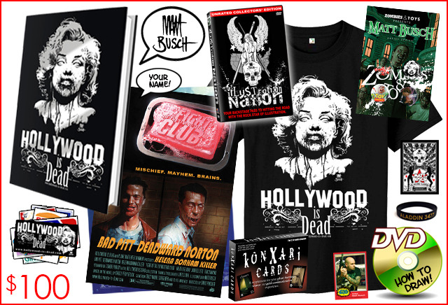 15.) HOLLYWOOD IS DEAD CLUB MEMBER. The only package with exclusive buttons from Zombies & Toys! And the only package with the Undead Marilyn shirt. Art prints shown may vary from ones shown, but you're a club member now, so we'll take care of you.