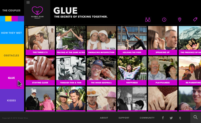Every couple's interview is organized in color-coded chapters, each represented by individual tiles allowing users to browse by chapter category and sort by time together, place, and tags.