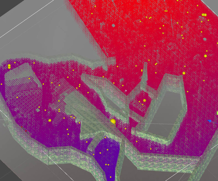 Wow colors! This is actually very important. Aside from the mossy walls, these is a graphical representation of dynamic AI pathing.  I build a level and throw it at the Director and it'll try to calculate all the possible routes to sends enemies your way.