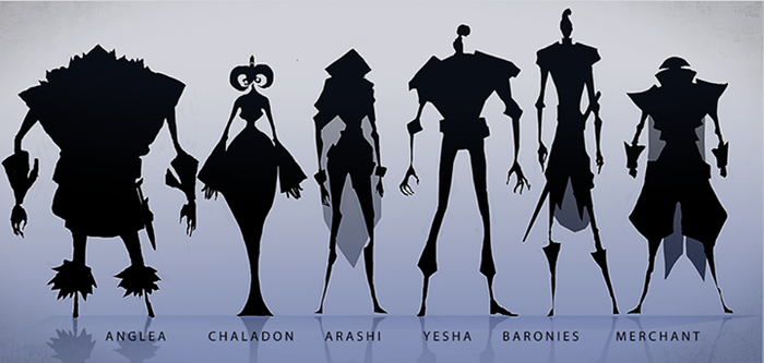 Silhouette studies for our heavily stylized introduction trailer to the world of Guns of Icarus Online.  This is the first official glimpse of who these people are.