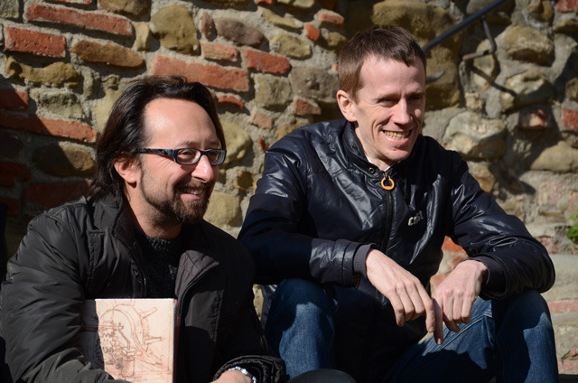 Alex Neuwahl and Pietro Polsinelli on the stairs of Vinci's tower