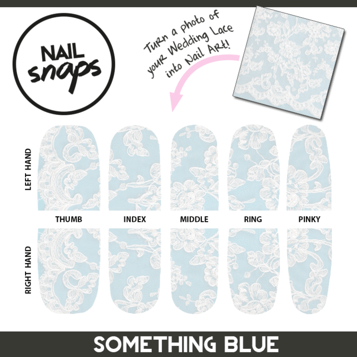 Nail art to match your wedding lace AND be your something blue! Gorgeous nail art for the big day. This prototype reward is great for anyone planning a wedding. Get this for the bride +4 bridesmaids when backing @NailSnaps at the BRIDAL PARTY PACK level.