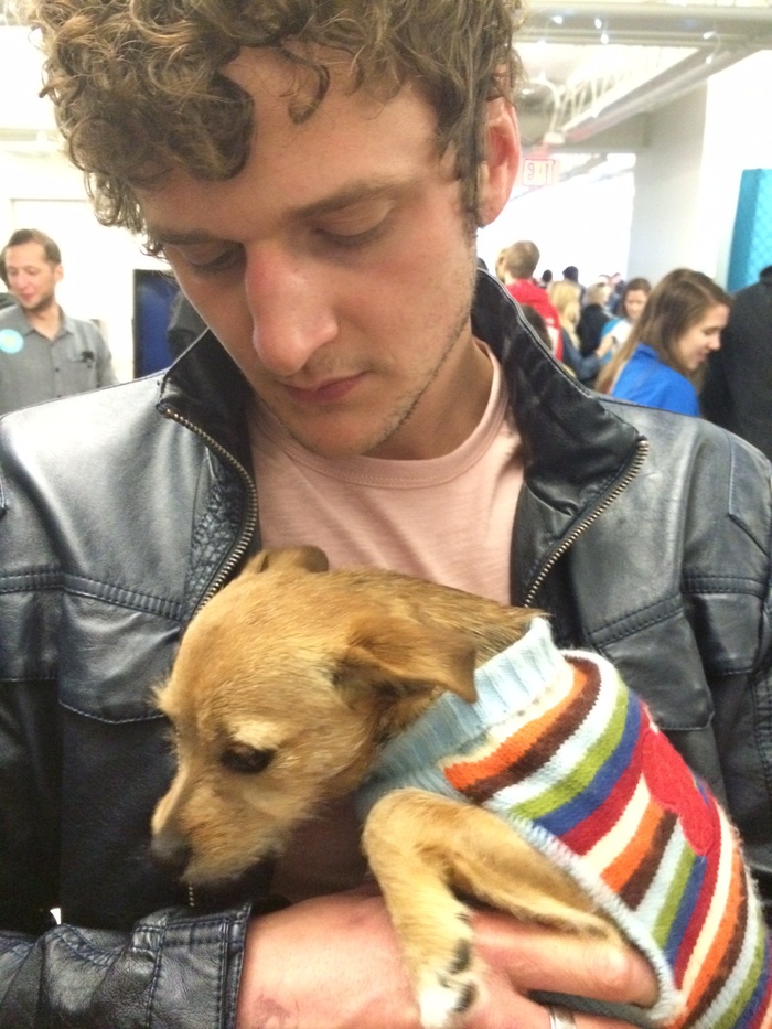 "Guys Reading Poems" star Jerod Meagher with a homeless puppy.