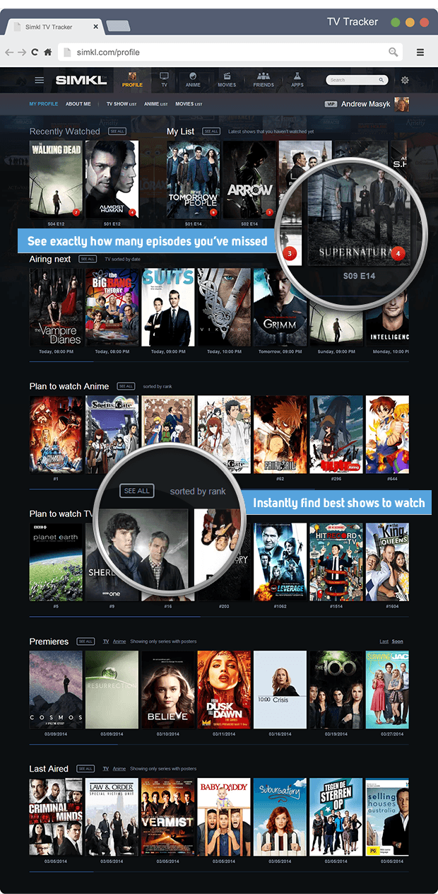 User's home page with information about missed and upcoming TV Shows