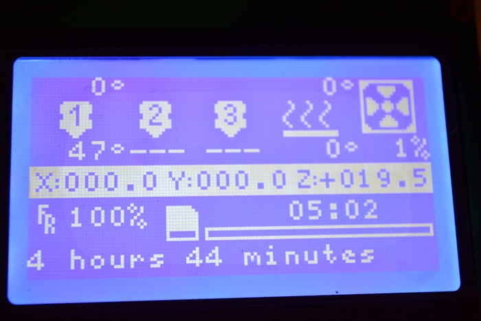 Cobblebot LCD (Time shows the length of a print that just finished - Top numbers 2 & 3 will show temp. for additional hotends when upgraded with them)