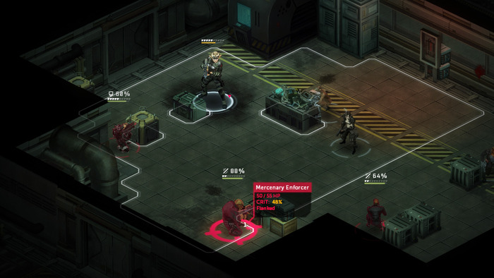 An example of a flanking attack on an enemy in cover. Also note the addition of white armor pips above each character's health bar.