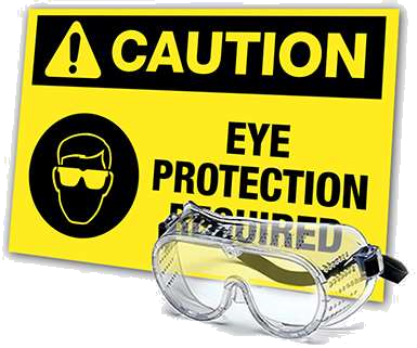 Yellow caution sign with bold black text reads "Caution: Eye Protection Required," alongside an icon of goggles and a pair of safety goggles in front.